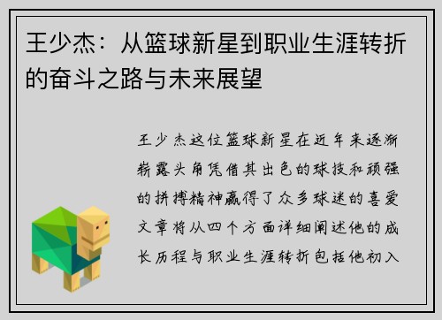 王少杰：从篮球新星到职业生涯转折的奋斗之路与未来展望
