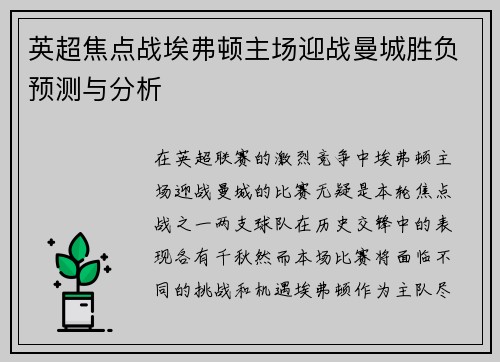 英超焦点战埃弗顿主场迎战曼城胜负预测与分析