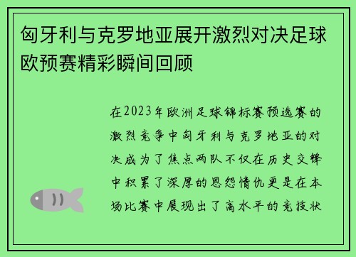 匈牙利与克罗地亚展开激烈对决足球欧预赛精彩瞬间回顾